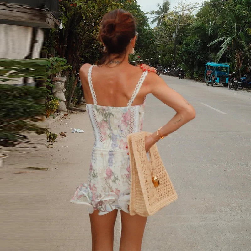 Sexy Women's Floral Printed Mini Ruffle Skirt Set Slim Lace Trim Hollow Spaghetti Strap Top Pleated Skirts 2026 Summer Lady Suit