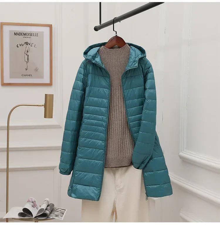Plus Size White Duck Down Jacket Light-weight Down Jacket Women Inner Cloth Coat Ladies Long Winter Hat Hooded Femal