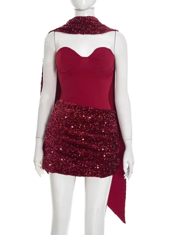 Sexy Sequin Pleated Strapless Mini Dress Women Chic  Scarf Collar Off Shoulder Waist Cinching Dresses Lady Evening Party Gown