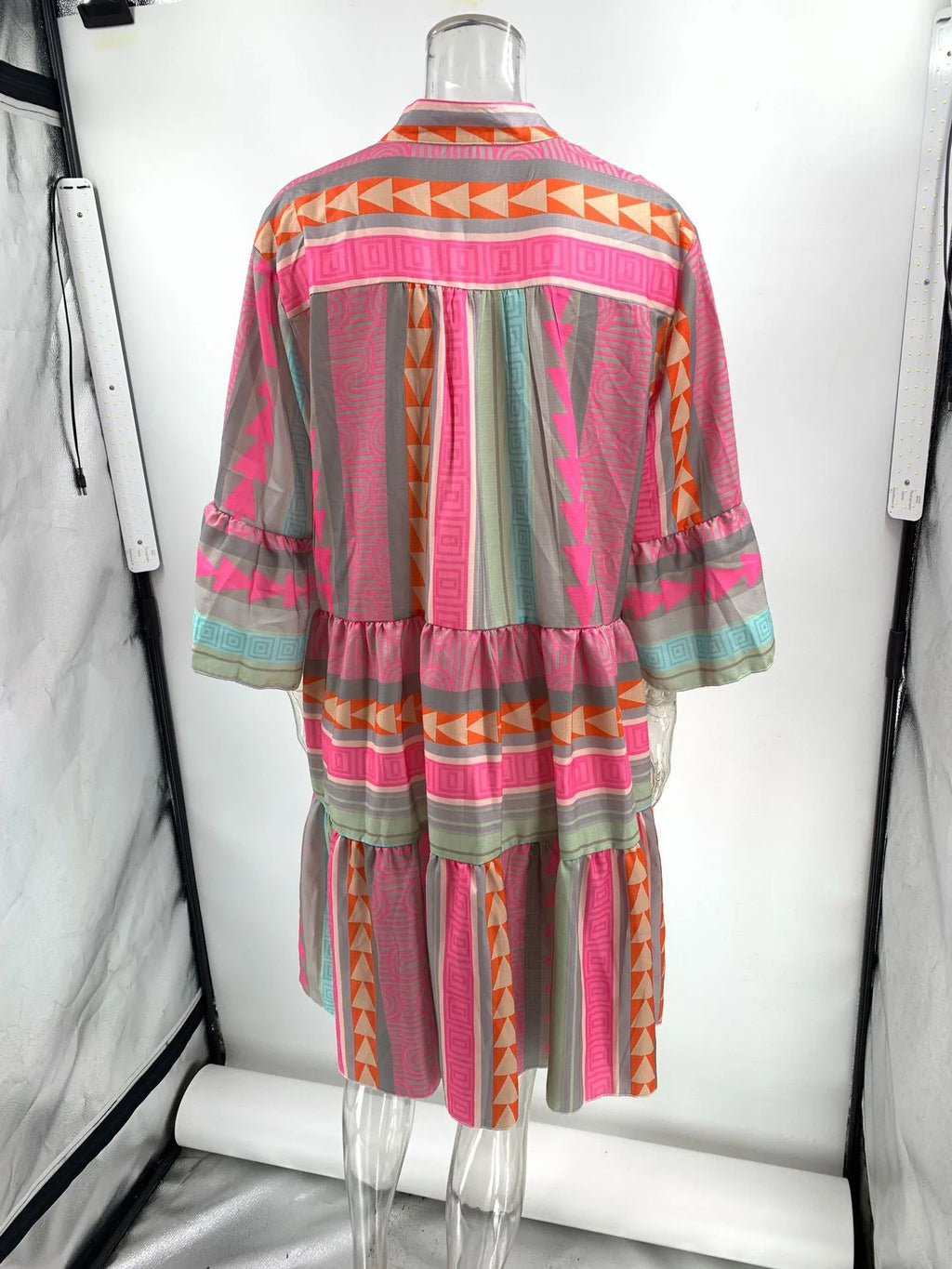 Women's Summer Loose Fit V Neck Three Quarter Flare Sleeve Printed Burnout Cotton Linen Pullover Dress for Women with Boho