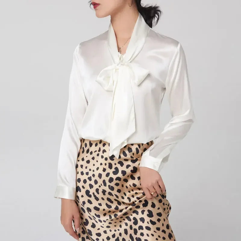 Heavyweight Mulberry Silk Shirt Women's 2025 Spring And Autumn New Long Sleeve Satin Silk Blouse V-neck Bow Ribbon Shirt