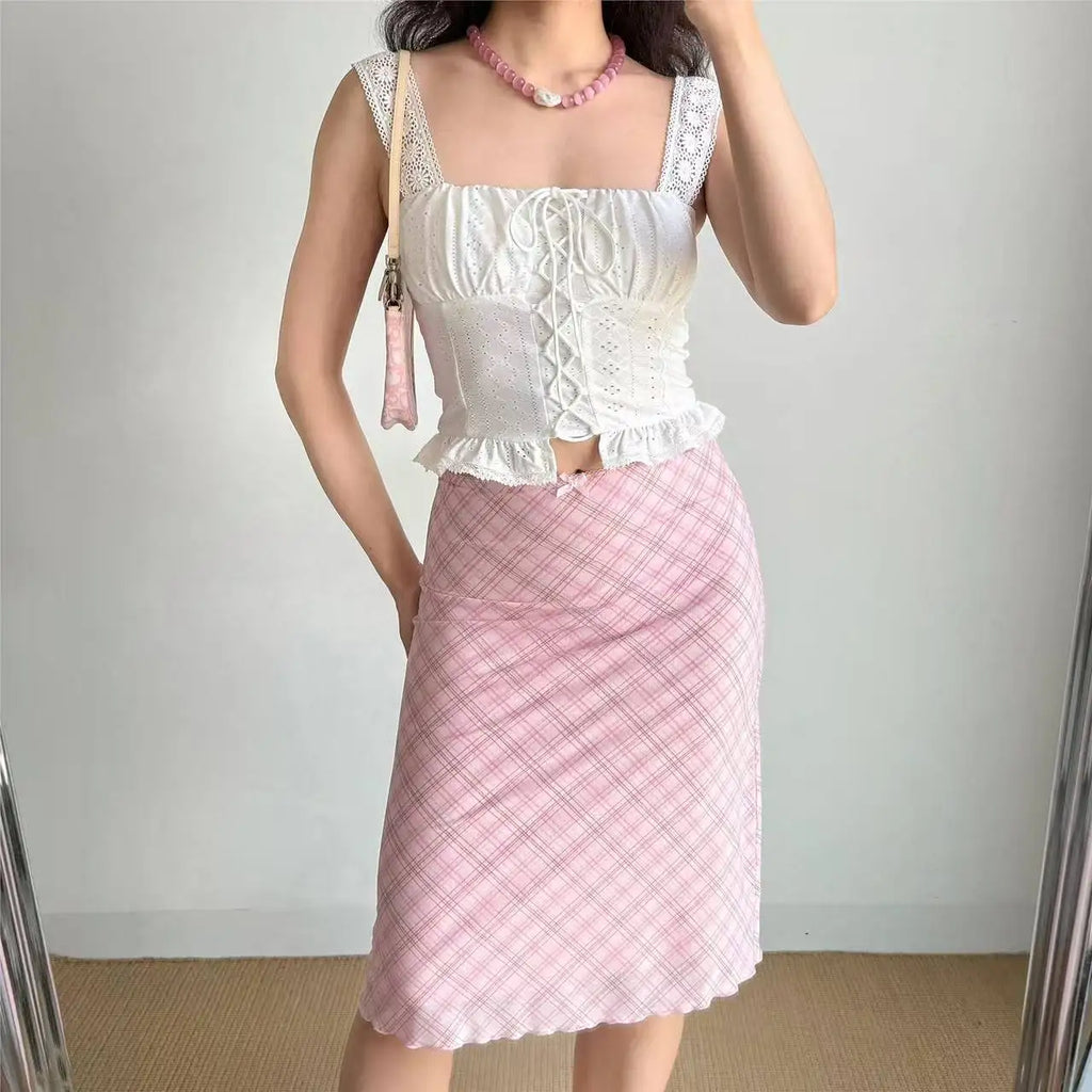 2026 Summer Vintage Midi Plaid Striped Print Skirts Women Sweet Loose Pleated Ladies Skirt High Waist Korean Style Woman Skirts
