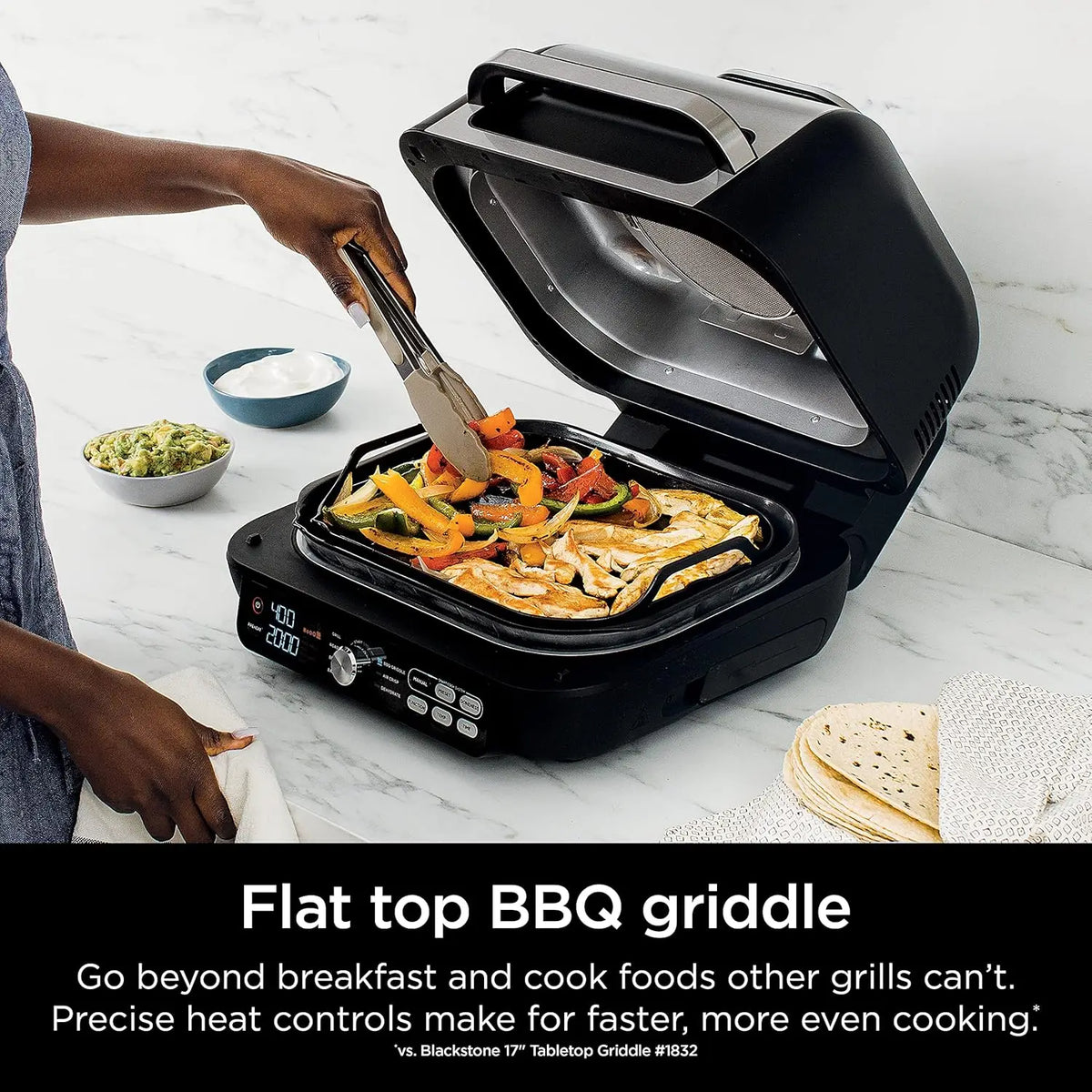 7-in-1 Indoor Grill & Griddle Combo, Air Fry, Dehydrate & More, Open or Closed Use, Power Grate, Flat Top, Crisper, Smart Thermo