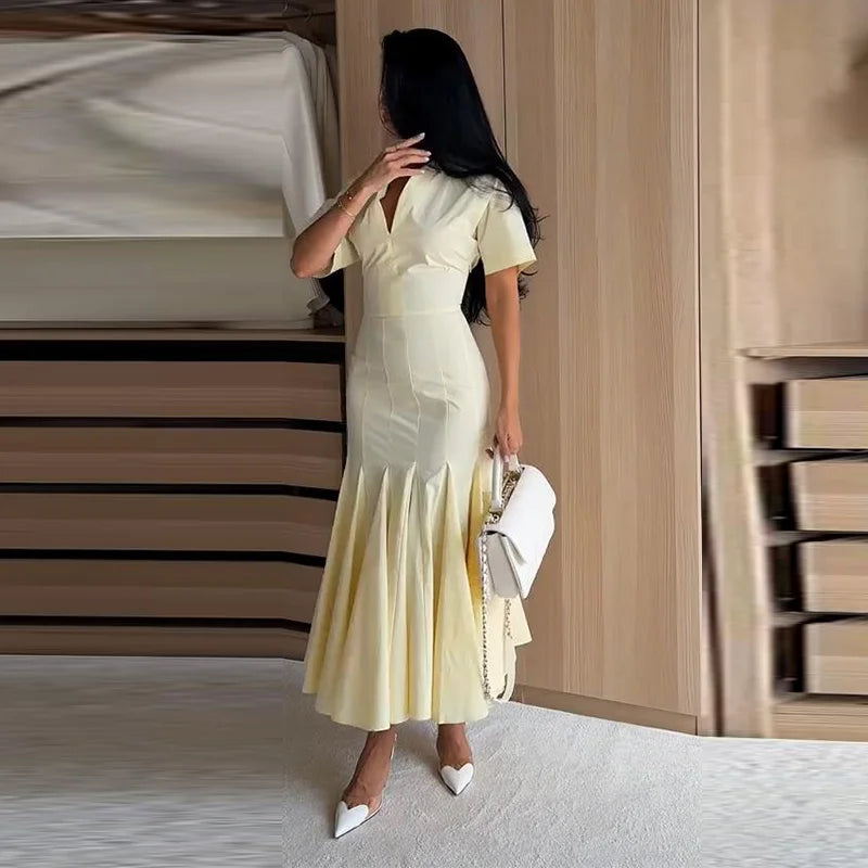 Elegant Solid Women's Dress V-Neck Short Sleeve Pleated Waist-Closed Hip Package Maxi Dresses 2026 Summer Female Vacation Robe