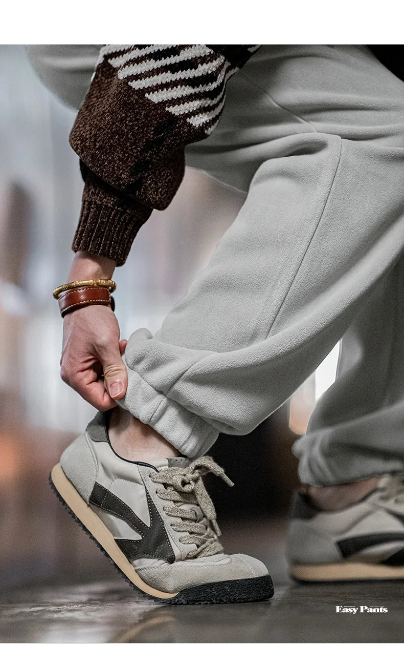 Maden Men's Casual Polar Fleece Cuffed Sweatpants Solid Color Elastic Waist Fleece-lined Pants Warm Sports Straight-leg Trousers