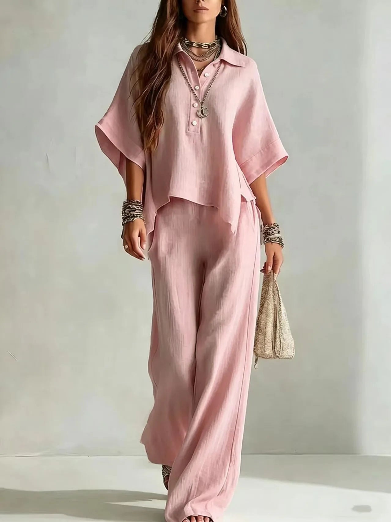 New Solid Color Pants Set 2026 Summer Loose Half-sleeved Shirt Loose Wide-leg Trousers Two-piece Set Fashion Vacation Suit