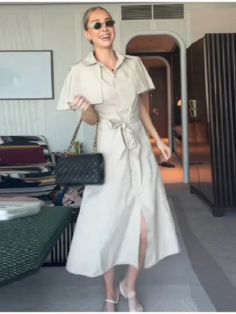 Women Trench Style Shirt Dress Solid Color Cape Sleeve Waist Belt Button Down Midi Skirt Casual Chic Daily Office Outfit New