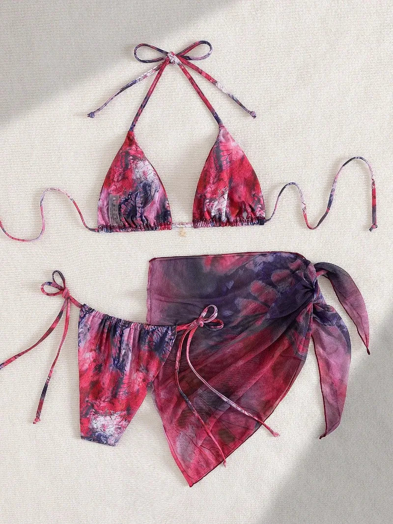 New Women's Retro Floral Print Apron Style Bikini Set 3 Piece High Waisted Tie Side Swimsuit Beach Vacation Swimsuit Biquine