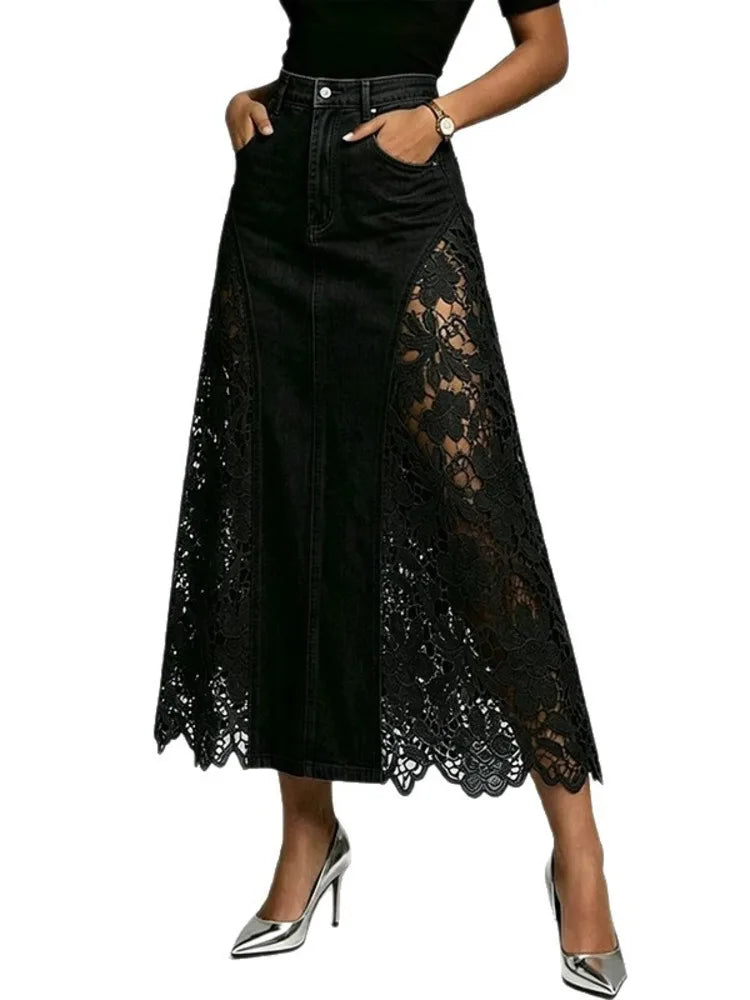 SHENGPALAE Women Denim Midi Skirt High Waist Bodycon Washed Lace Splicing Elegant Casual Floral Hollow Summer 2026 New 05E03125