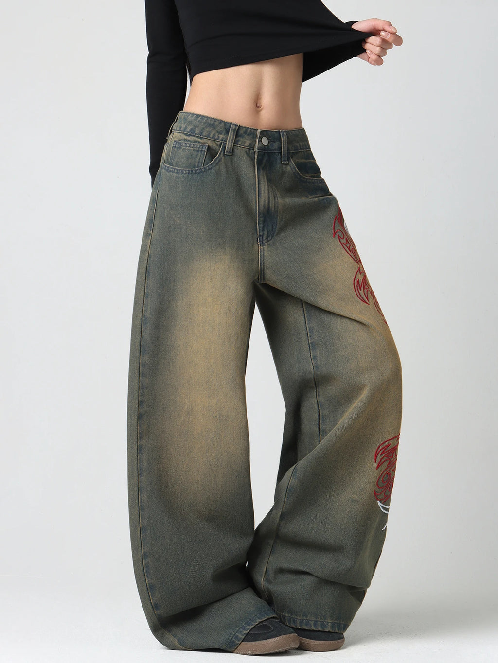 European And American Style, Dragon Pattern Flame Contrast Embroidery, Vintage Aby Style, Yellow Mud Gradient Jeans