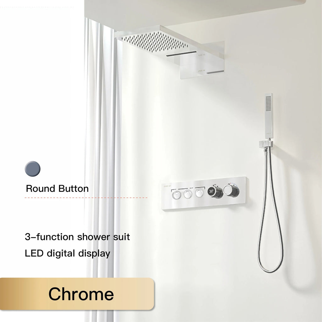Luxury Black Brass Shower System, Wall Mounted Led Digital Display, Cold Hot Dual Control, Four Function Ceiling Shower Tap
