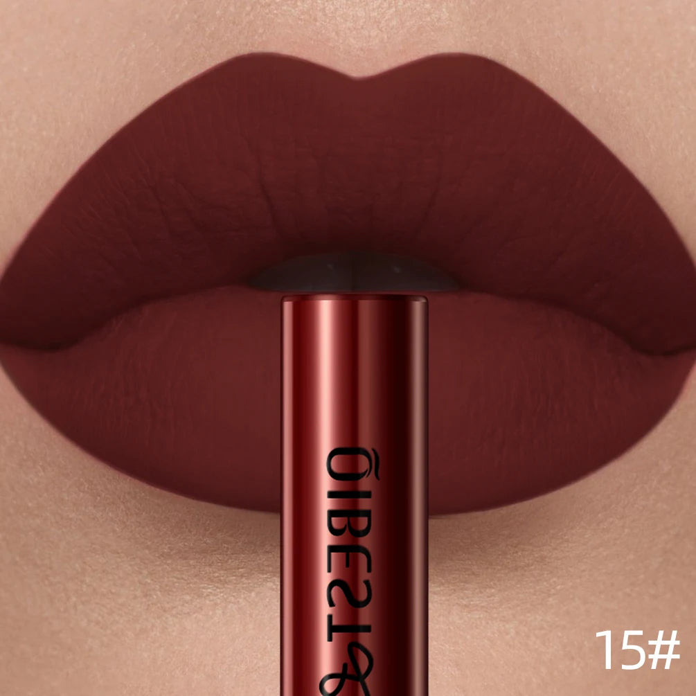 QIBEST Sexy Red Lip Gloss Long Lasting Velvet Matte Liquid Lipstick Waterproof Lip Makeup Nonstick Cup Purple Lip Tint Black