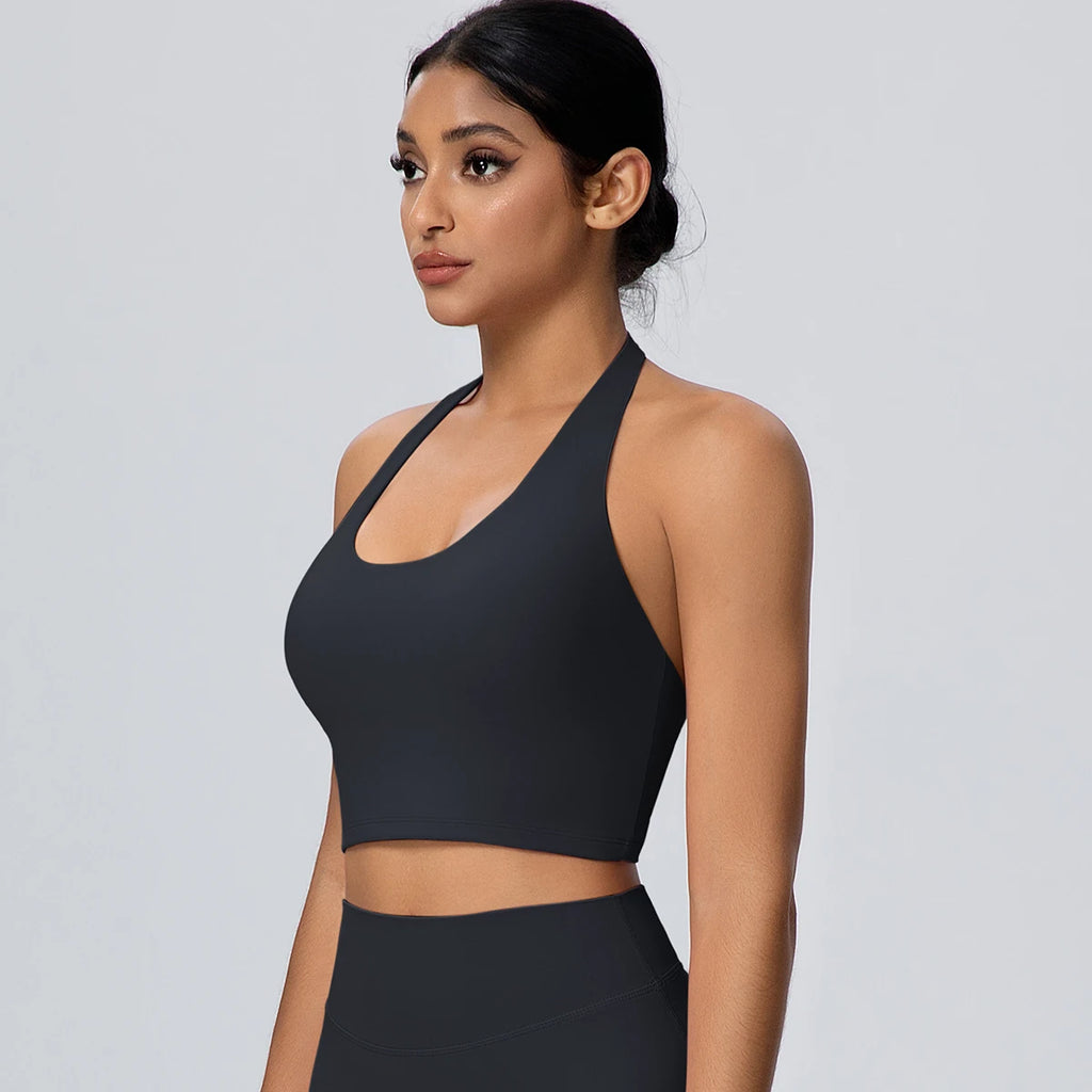 Woman Solid Color Sexy Neck Strap Bra Yoga Underwear With Chest Pad Backless Gather Shockproof Gym Workout Top Sports Yoga Bra