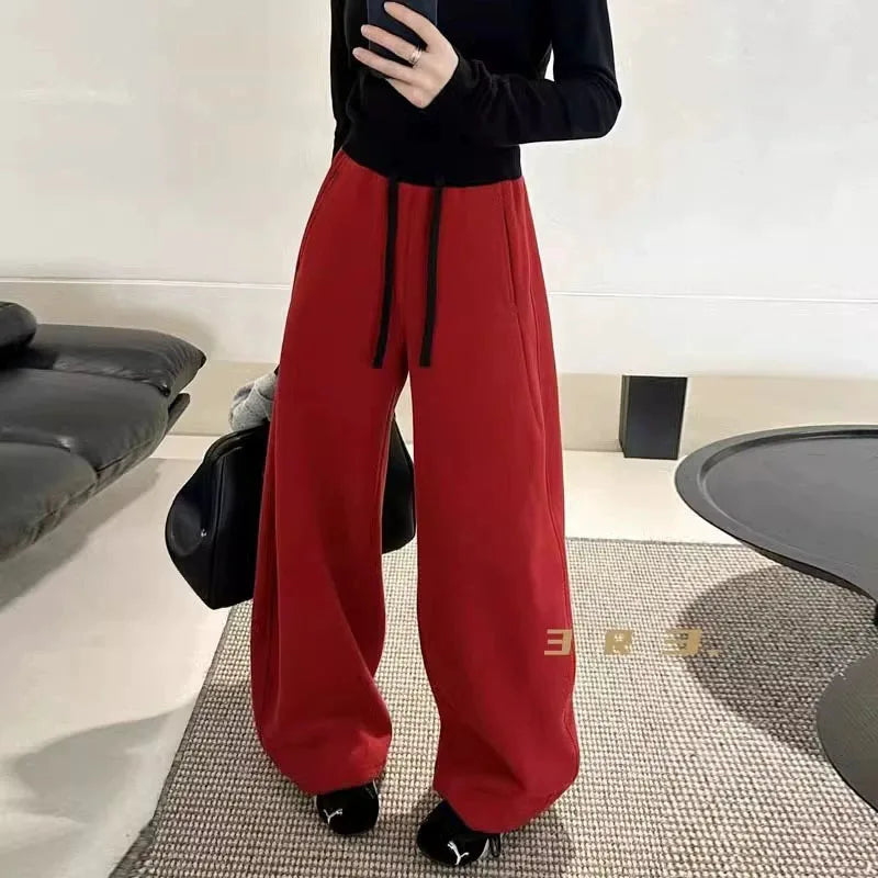 Women Drawstring Baggy Sweatpants High Waist Loose Wide Leg Curved Trousers Casual Soft Streetwear Jogger Pants for Daily Wear