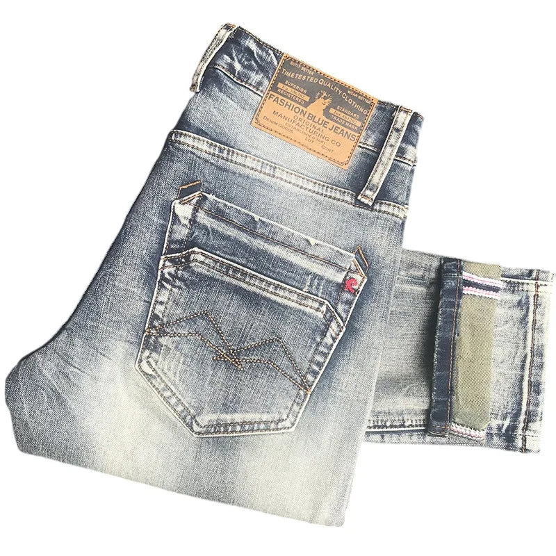 New Trendy Brand Jeans for Men Spring Autumn Slim Fit Small Feet Elastic Water Washed Retro Trendy Casual Long Pants