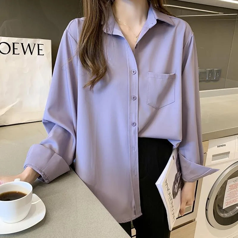 Women Spring Autumn Style Blouses Shirts Lady Casual Long Sleeve Turn-down Collar Solid Color Blusas Tops WY1034