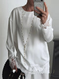 Elegant Lace Loose Dress Women Solid O-neck Full Sleeve Patchwork Dresses Female 2026 Summer White Robe Lady