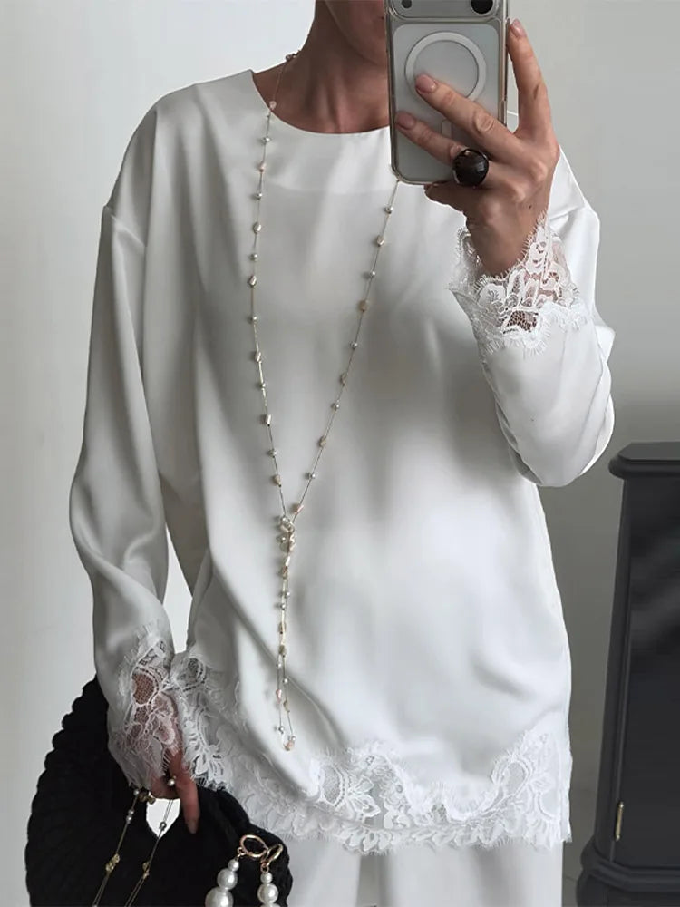 Elegant Lace Loose Dress Women Solid O-neck Full Sleeve Patchwork Dresses Female 2026 Summer White Robe Lady