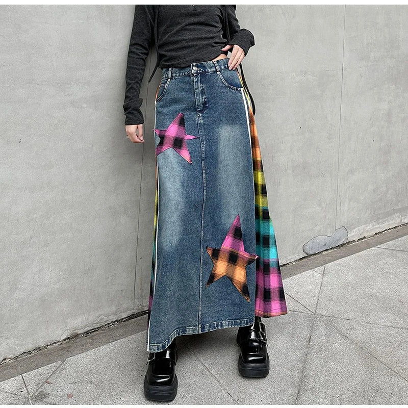 High Fashion Denim Skirt Women Elastic High Waist A-Line Long Skirt Female Colorful Patchwork Plaid Jean Skirt