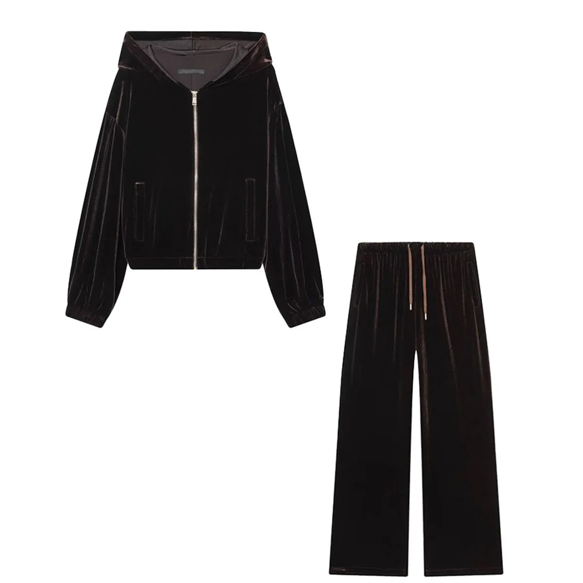 HH Woman Hooded Long Sleeves Zipper Velvet Jacket Drawstring Straight Wide Leg Pants Female Autumn Casual Loose Two Piece Set