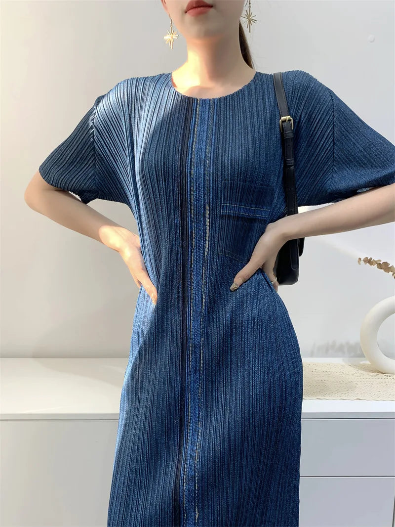 Miyake Pleated Imitation Denim Dress 2025 Summer New Mid-length Slim and Thin Short-sleeved Pleated Skirt