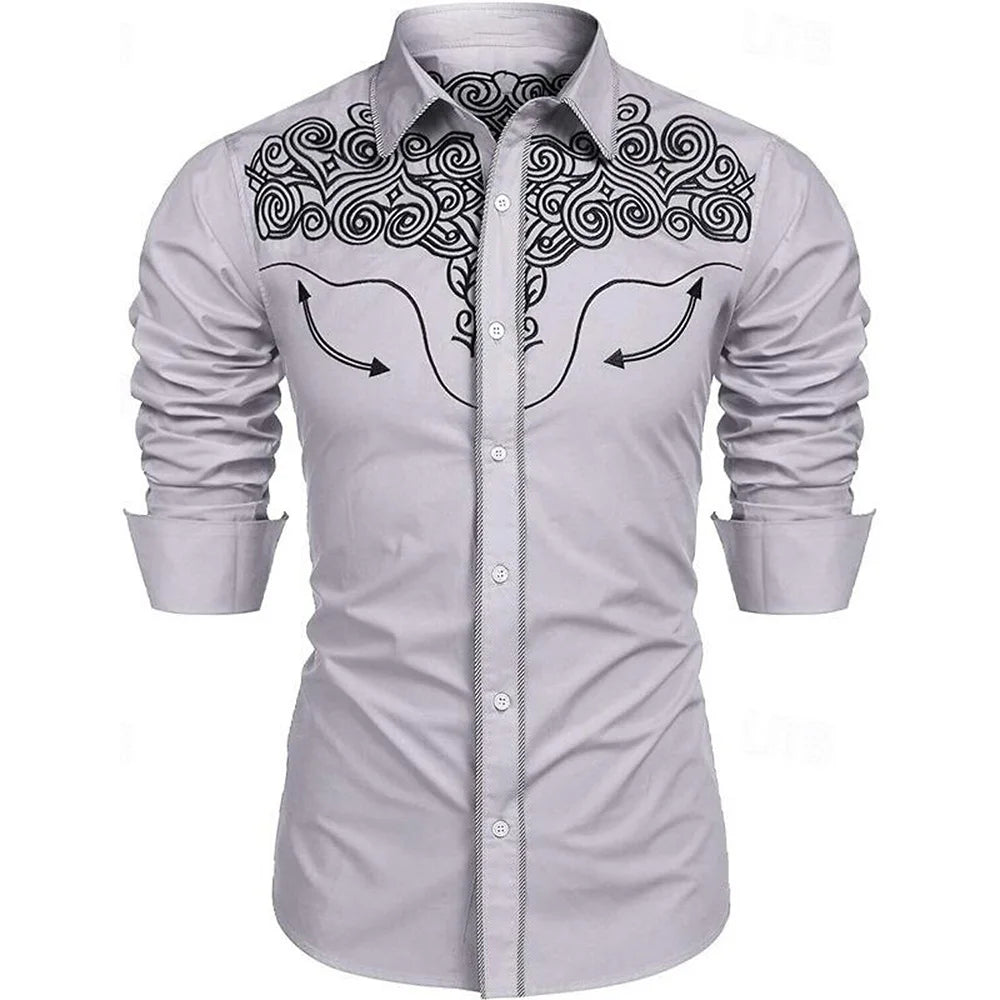 Versatile And Elegant Men's Elastic Face Printed Shirt Casual Lapel,easy To Care For Spring And Fall, Perfect For Every Occasion