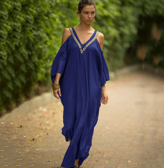 SuperAen Beach Blouse Solid Spaghetti Strap Embroidered Cotton Holiday Robe Bikini Sunscreen Shirt Loose Dress Women