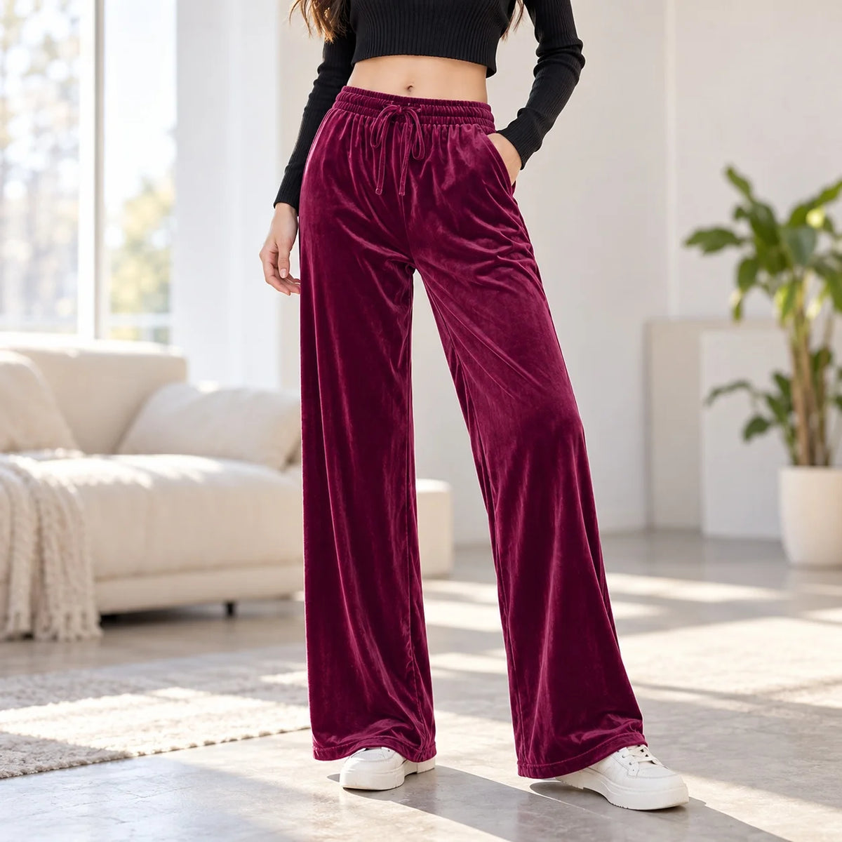 Casual Loose Fit Wide Leg Pants Japanese Korean Casual with Elegant Full Length Slight Stretch Elastic Waist Women Pants