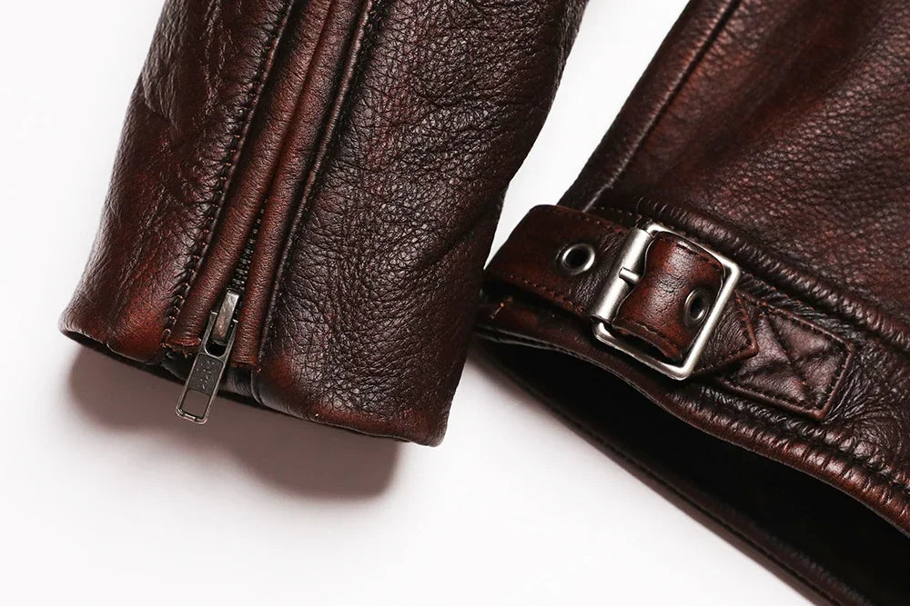 2025 Vintage Brown Genuine Leather Jacket Real Natural Cowhide Men Motorcycle Biker Coat Mens Slim Calf Skin Coat