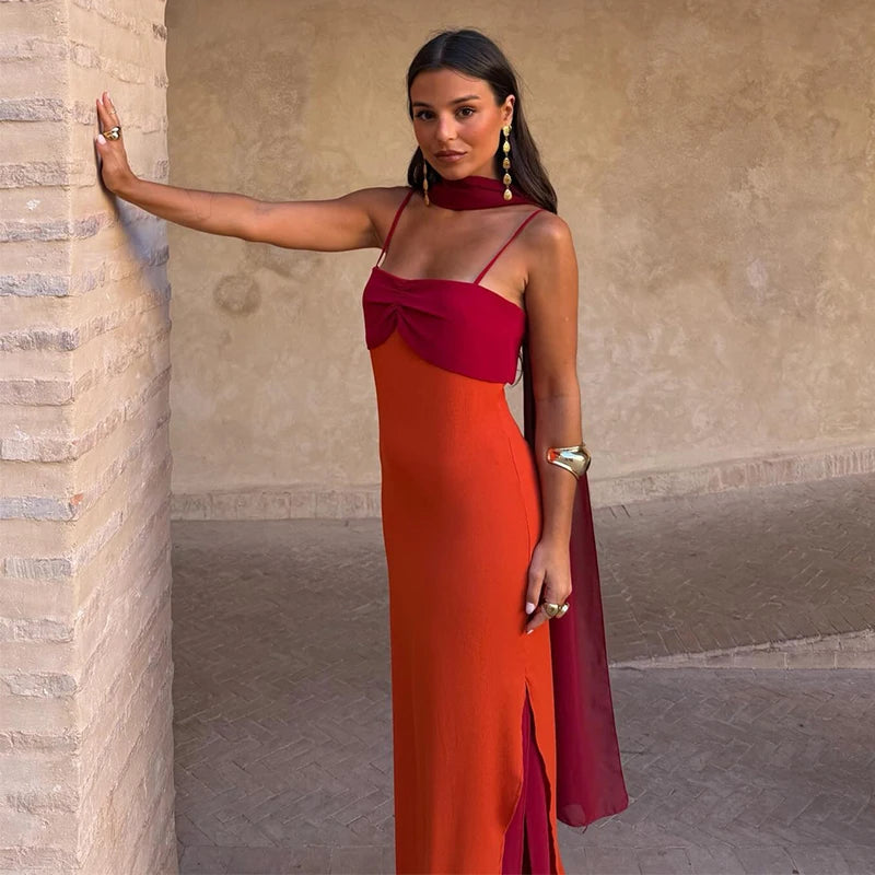 Color Block Twist Bust Slit Maxi Dress Spaghetti Strap Form-Fitting 2026 Summer Fashion Chic Bold Women Wedding Guest Gala Dress