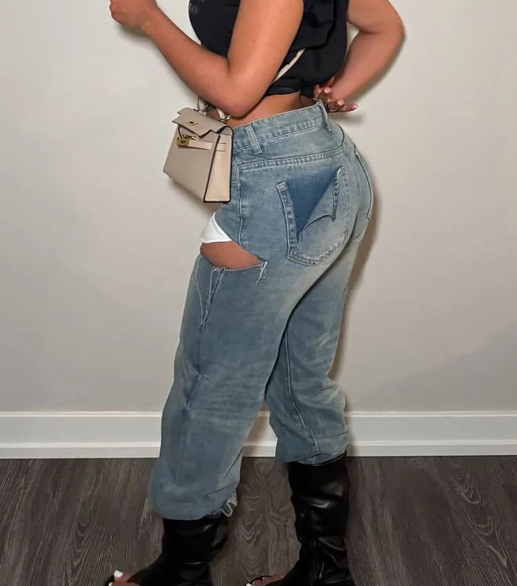 FAGADOER Y2k Sexy Hollow Out Denim Pants Women Solid Color Hole Patchwork High Waist Jeans Female Streetwear Bottoms 2025 New