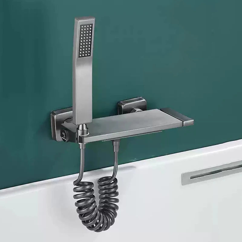 Brushed Gold Waterfall Bathtub Shower Faucet Set Bathroom Bathtub Mixer Taps Hot and Cold Shower Faucet Wall Mounted Bathtub Tap