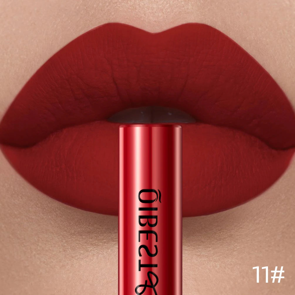 QIBEST Sexy Red Lip Gloss Long Lasting Velvet Matte Liquid Lipstick Waterproof Lip Makeup Nonstick Cup Purple Lip Tint Black