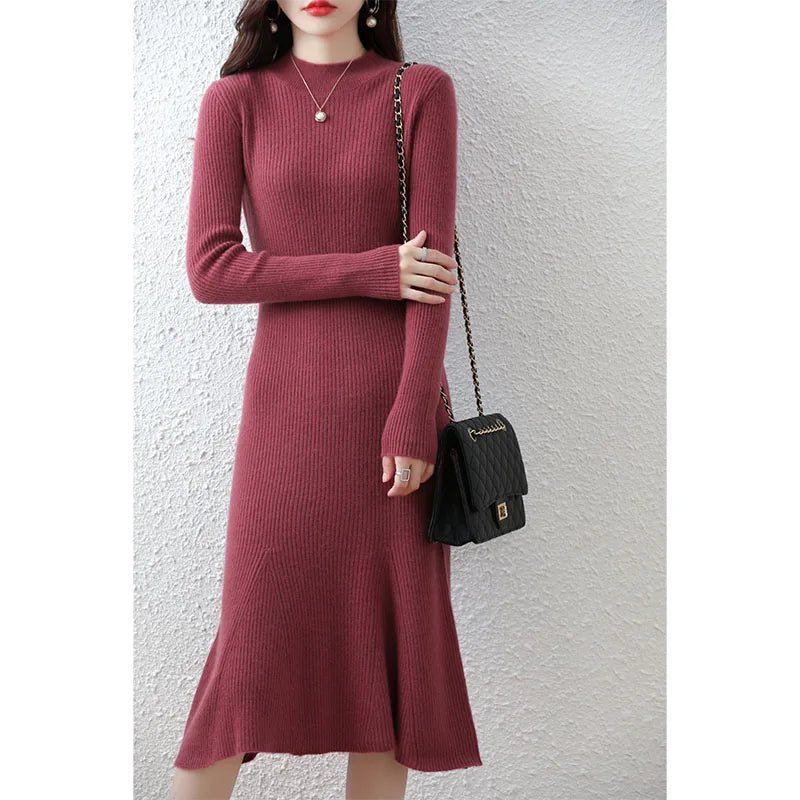Cashmere Sweater Women's Knitted Dresses 100% Merino Wool O-Neck Elegant Party Dress Autumn Winter Female Pullover Casual Skirts