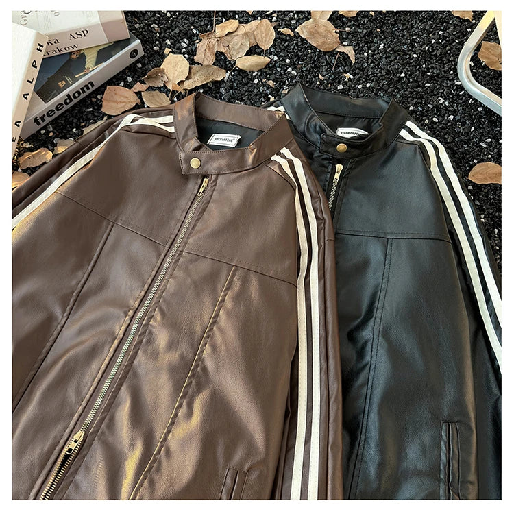 Men's Brown Leather Jacket American Retro Patchwork Striped Outerwear Youthful Style Summer Biker Coat Long Sleeve Zipper Clo...