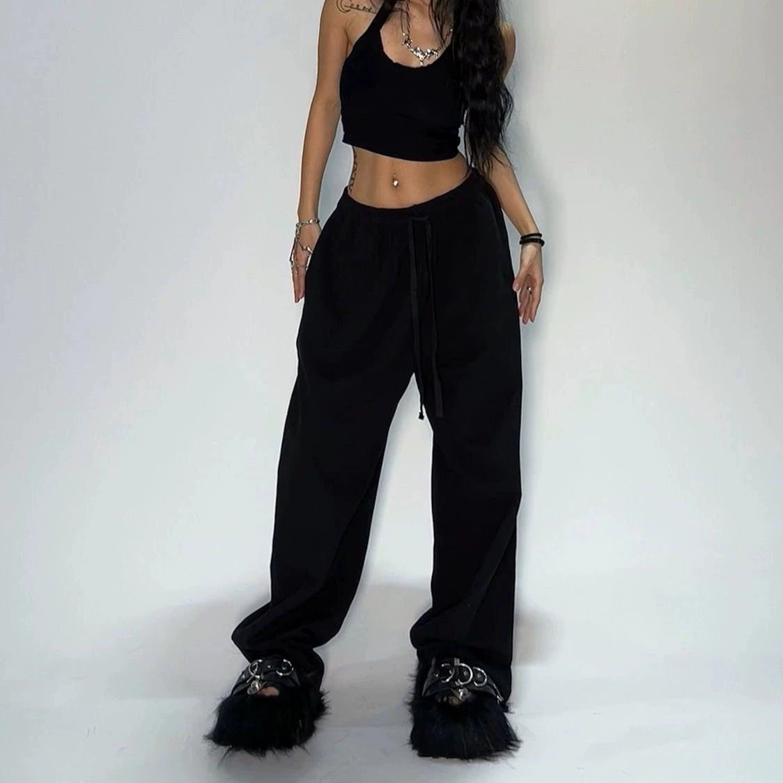 Women Drawstring Elastic Waist Wide Leg Sweatpants Solid Color Loose Baggy Jazz Dance Streetwear Casual Daily Jogger Pants