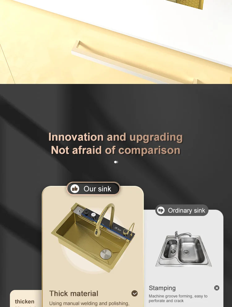 Stainless Steel Golden Kitchen Sink Multifunctional Waterfall Outlet Single Slot Piano Button Digital Display