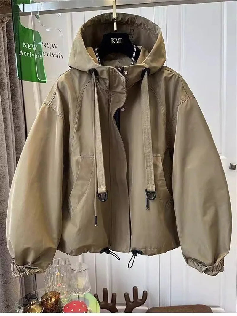 Korean Trench Coat Women 2026 Spring Autumn New Loose  Long Sleeve Casual All-Match Hooded Windbreaker Outerwear Ladies Overcoat