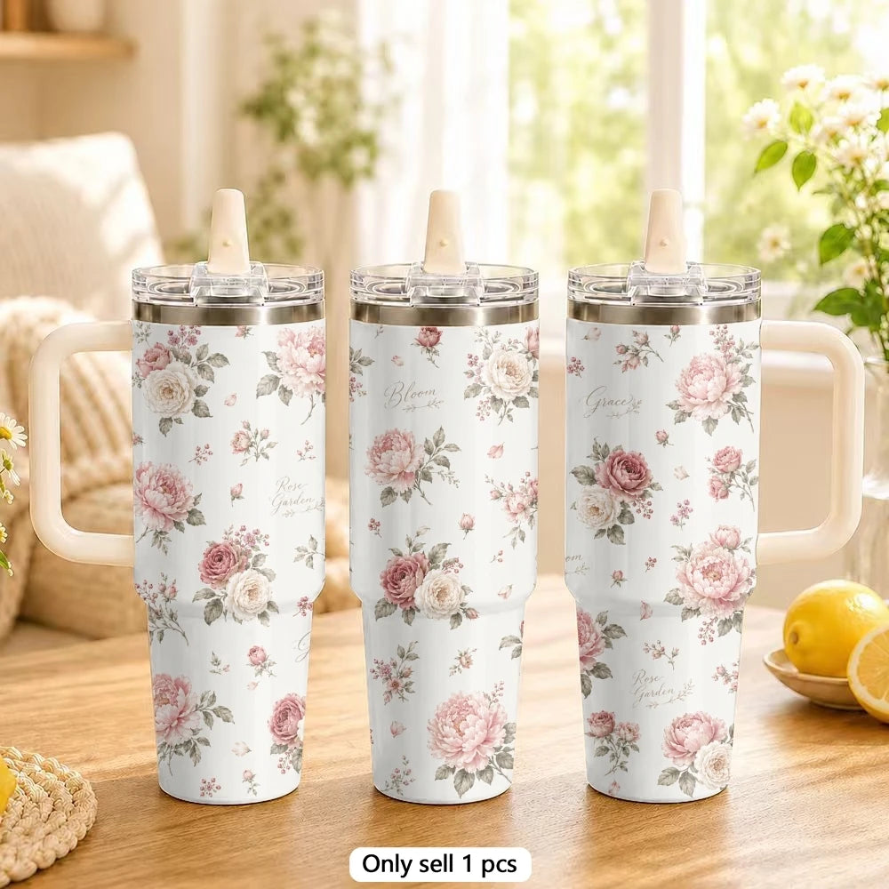 Vintage Floral Style Vacuum Flasks 40oz Stainless Steel Tumbler with Handle Straw Lid Vacuum Insulated Double Wall Leak Proof