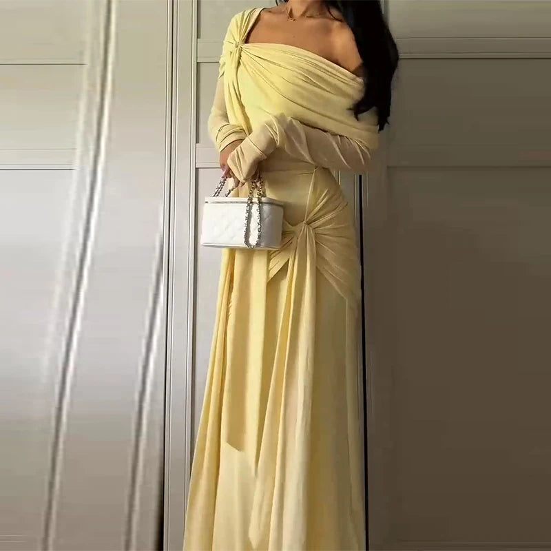 Elegant Solid Lace Up Dress Women's Off The Shoulder Long Sleeve Draped Dresses 2026 Spring New Female Chic Party Robes ﻿