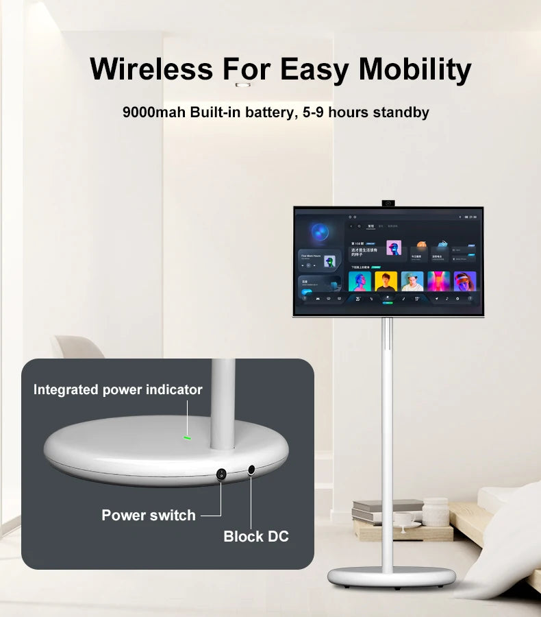 Floor-Standing TV Stand,32 Inch Monitor Screen Digital Signage Touch Screen Android 15 4+128GB Smart TV Display Portable TV Moni