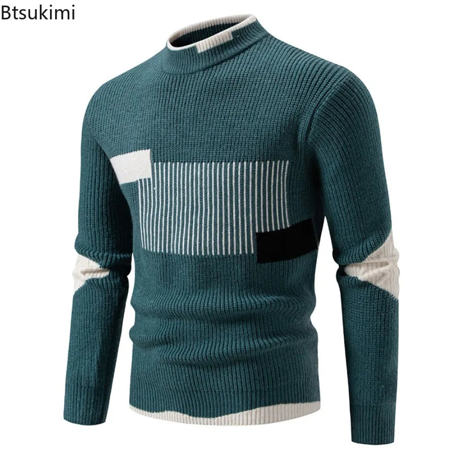 High Quality Men's New Autumn Winter Sweaters Casual Warm Mock Neck Pullovers Trend Color Blocking Design Men Sweaters Knit Tops