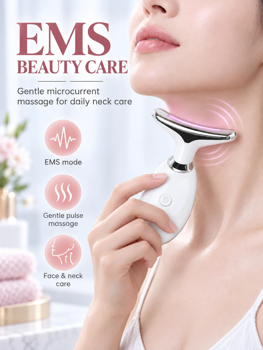EMS Neck Massager Face Beauty Device T Shaped Neck Care Tool 3 Color Light Warm Care Ion Cleansing Rechargeable Skin Care