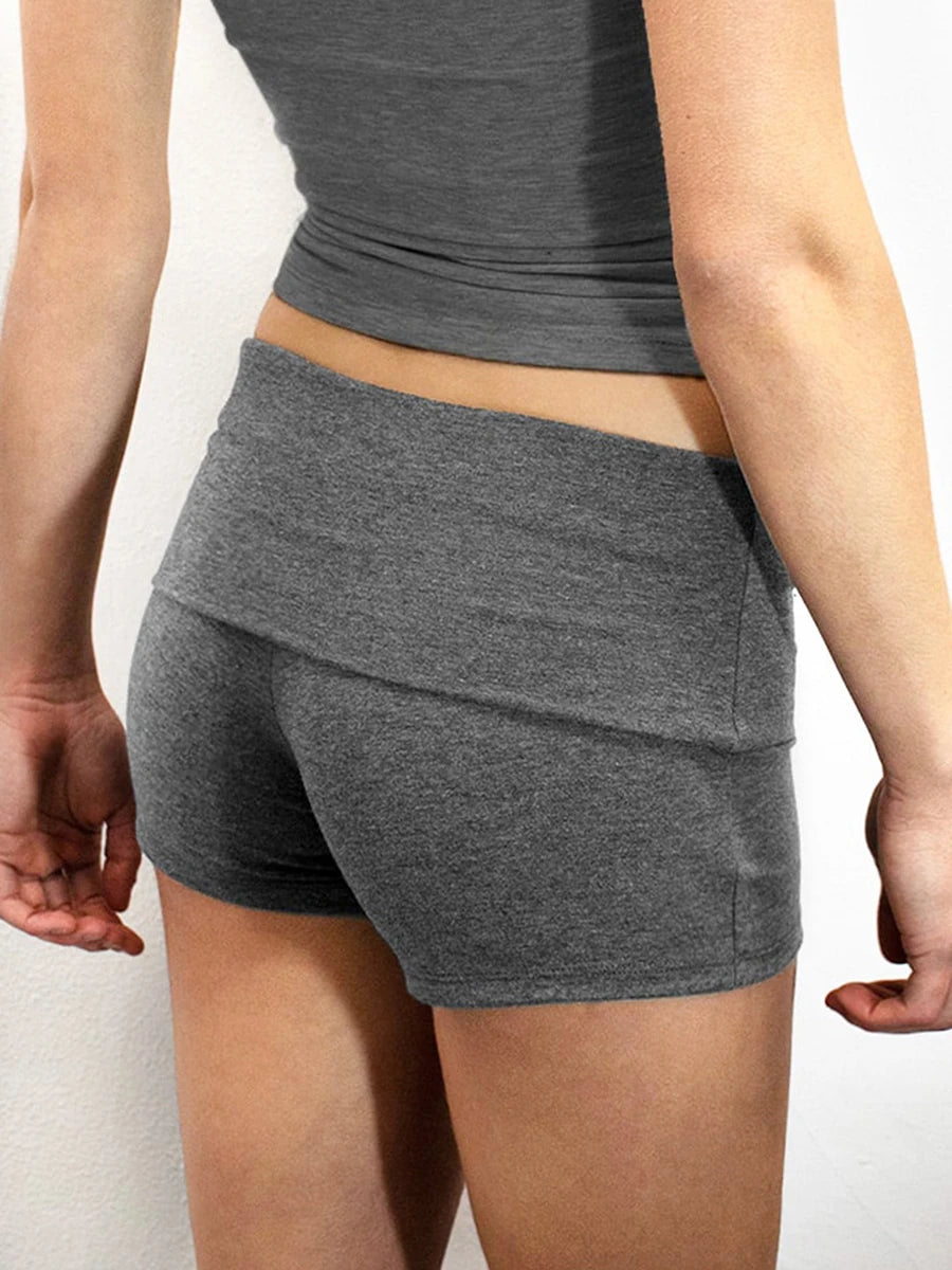 Summer Slim Yoga Shorts Women Casual Solid Color Fold Over Low Waist Lounge Shorts