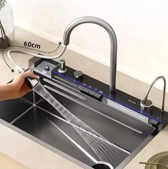 Stainless Steel Large Single Slot Bionic Honeycomb Black Wash Top Mount / Apron Front Smart Kitchen Sink with Waterfall Faucet