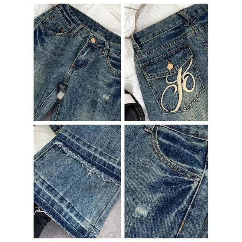 American retro low-waisted jeans female autumn new embroidery old casual fashion temperament slim Joker bell bottoms.