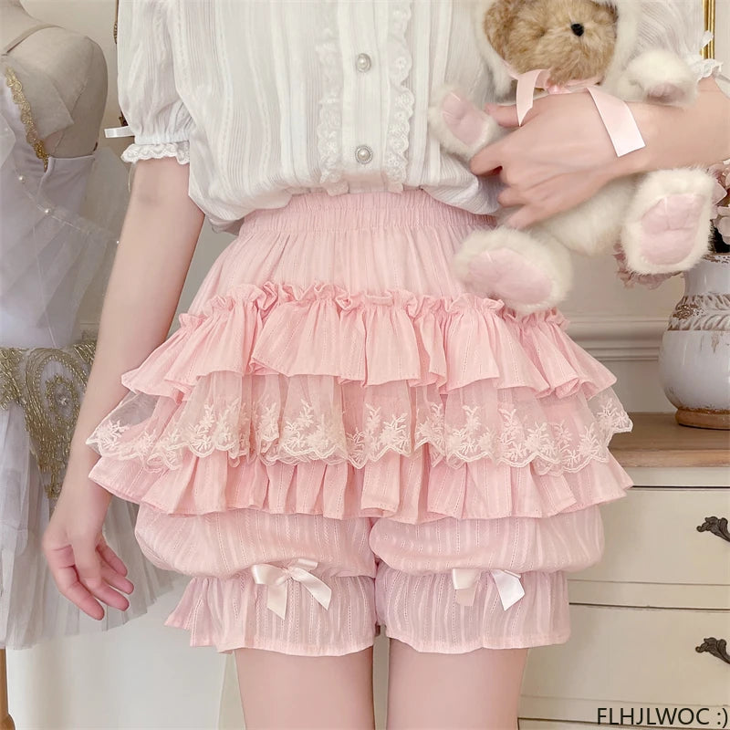 Cotton Bloomers Lolita Style Girls Cute Sweet Japan Sexy Lace Date Princess Pink Layer Puff Shorts Ruffles Lantern Small Pants