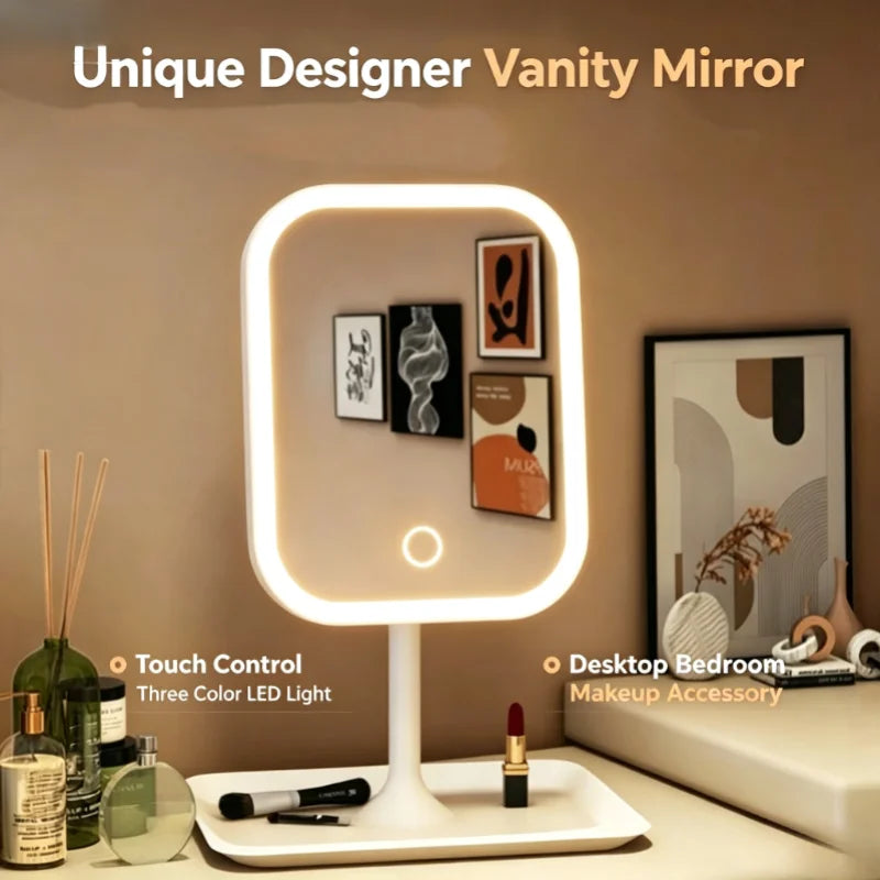 Unique Designer Vanity Mirror Touch Control Three Color LED Light Desktop Bedroom Makeup Accessory