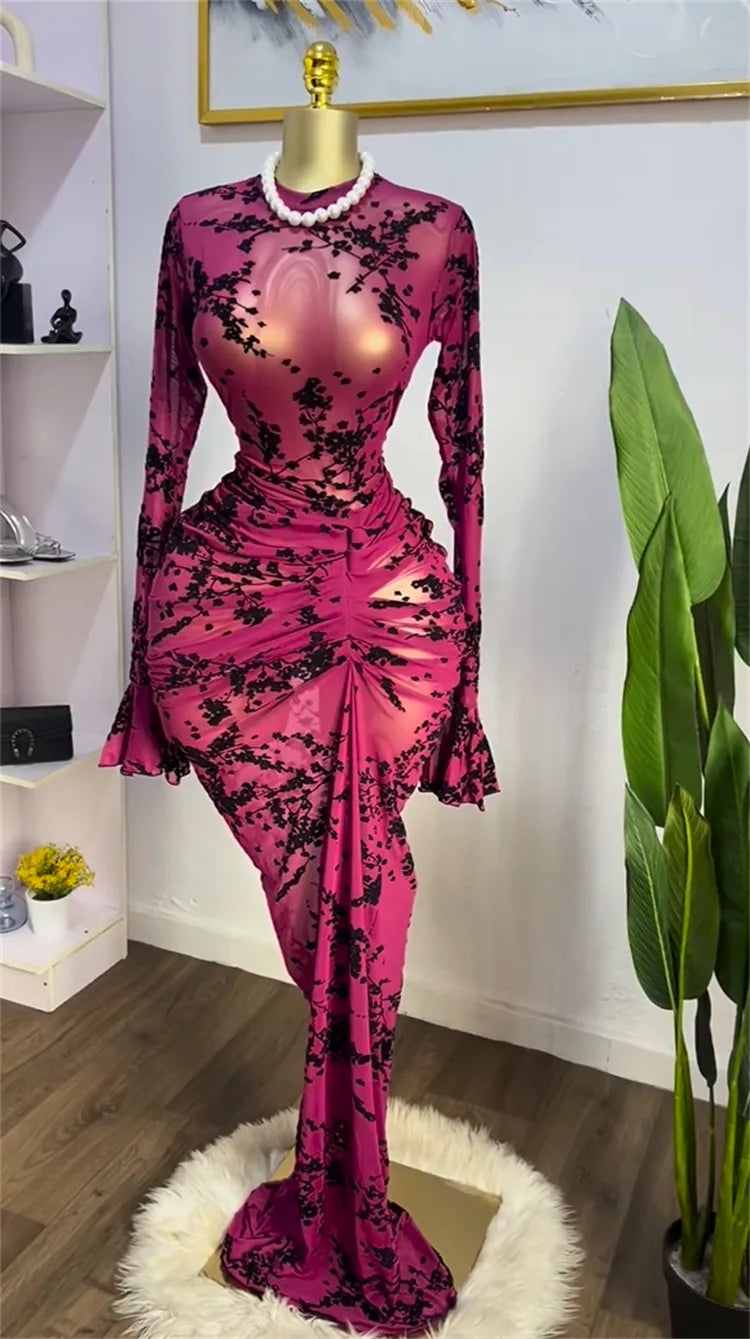 CM.YAYA 2025 Women Long Sleeve Ruched Mesh See Though with Lining Bodycon Long Dress Fall Evening Birthday Sexy Party Dresses
