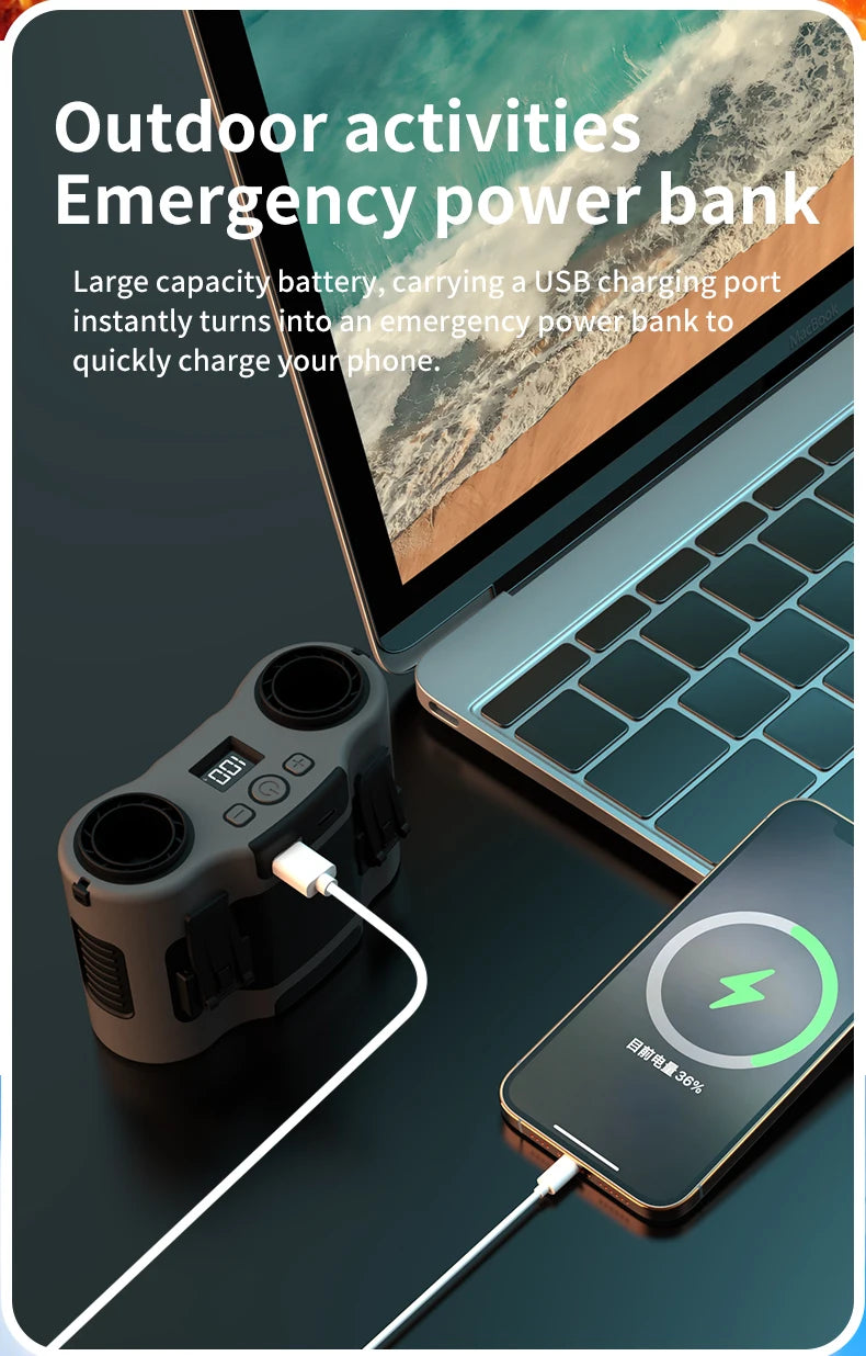 Portable Waist Clip Fan Mini USB Charging Hanging Fan with LED Flashlight Outdoor Single/dual Air Outlet Fan 20000/10000Mah F6/7